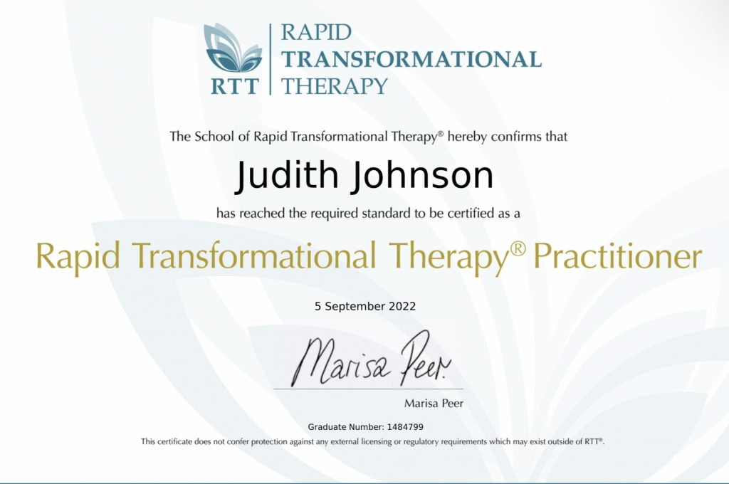 Rapid Transformational Therapy Practitioner RTTP certificate for Judith