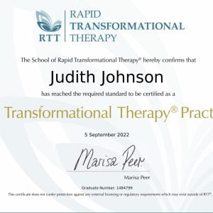 Rapid Transformational Therapy Practitioner RTTP certificate for Judith